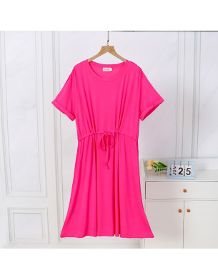 Rayon Pregnancy Dress O Neck Short Sleeve Knot Waist Solid Dress Bright Pink D025